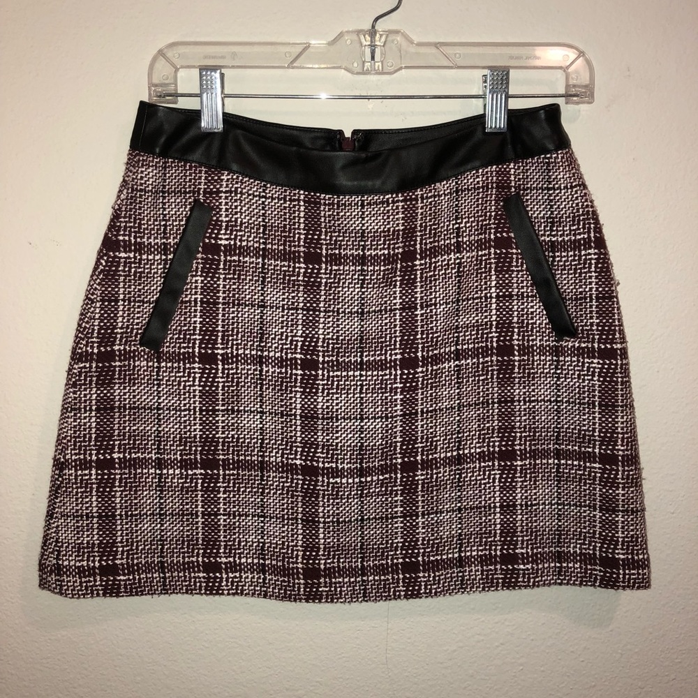 Leather trimmed red tweed skirt